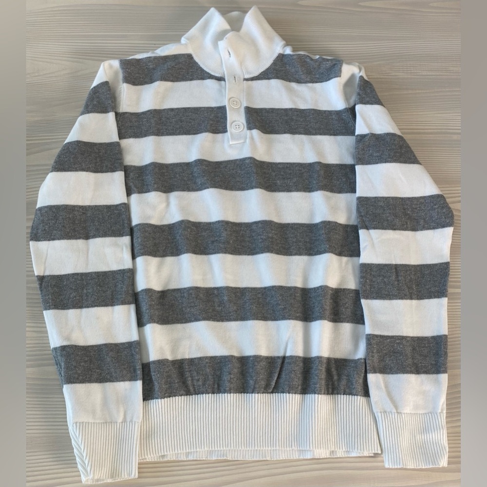 Express Gray & White Striped Cotton Pullover Long Sleeve Button Collar Small